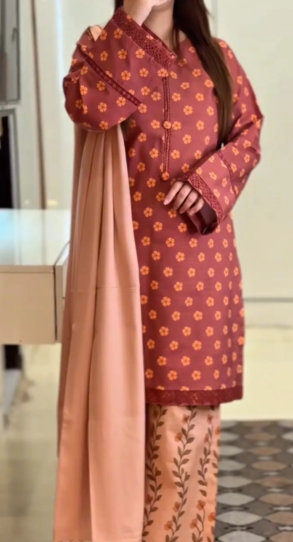 Floral Printed Cotton Three Piece - Rust & Peach